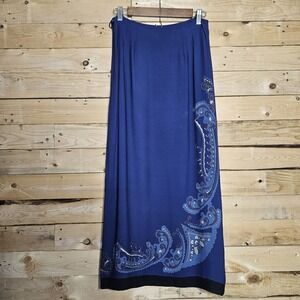 Field Manor Silk Skirt 10 Blue Midi Classic Office Side Slit Paisley